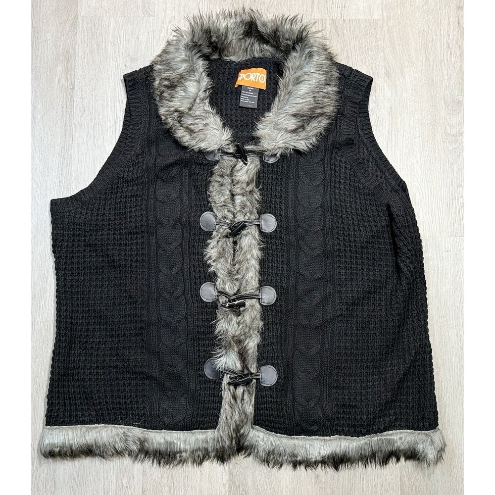 Sporto Faux Fur Trim Sweater Vest Womens Size 2X Cozy Cottagecore Winter Layer